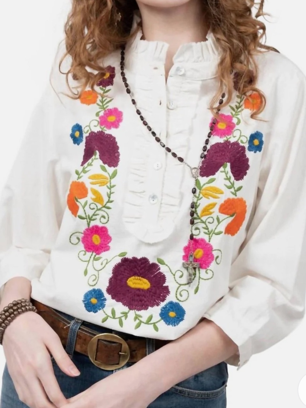 Sister Mary Juana Floral Embroidered Cotton Top White Size Small